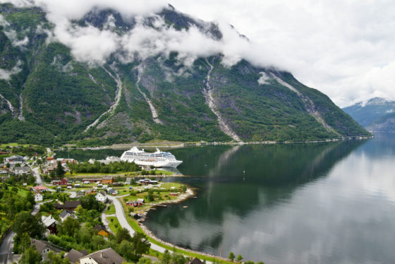 Azamara Cruises cruise ship Azamara Journey moored at the pier in Eidfjord Norway