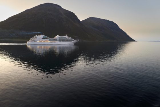 he Cruise Ship, Seabourn Ovation, Sails Through The Lauksundet, Close To Skjervoy,