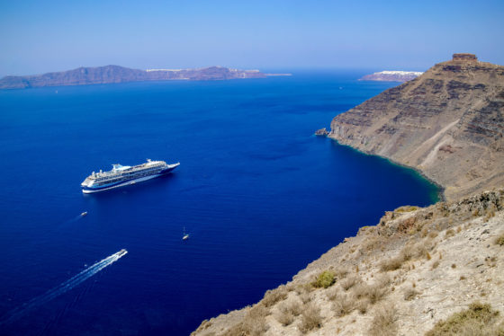 Marella Cruises cruise ship Marella Discovery 2 anchored at Island Santorini in Southern Aegean Sea Greece Europe