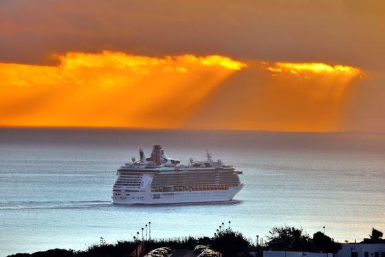 Royal Caribbean Cruise Ship, Sailing Into Sunset, Tagus River, Lisbon, Portugal